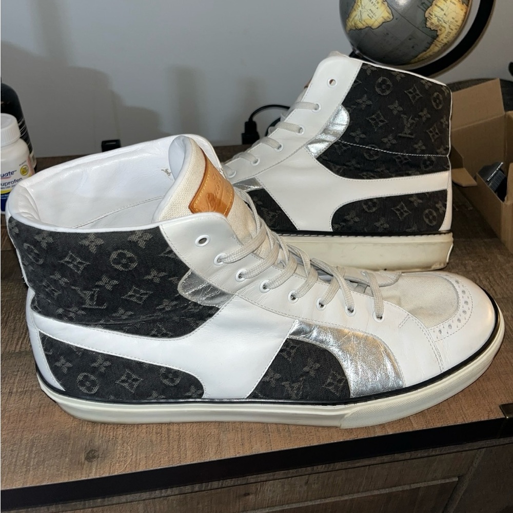 Louis Vuitton Black Denim Monogram White Leather High Sneakers - Picture 1 of 10